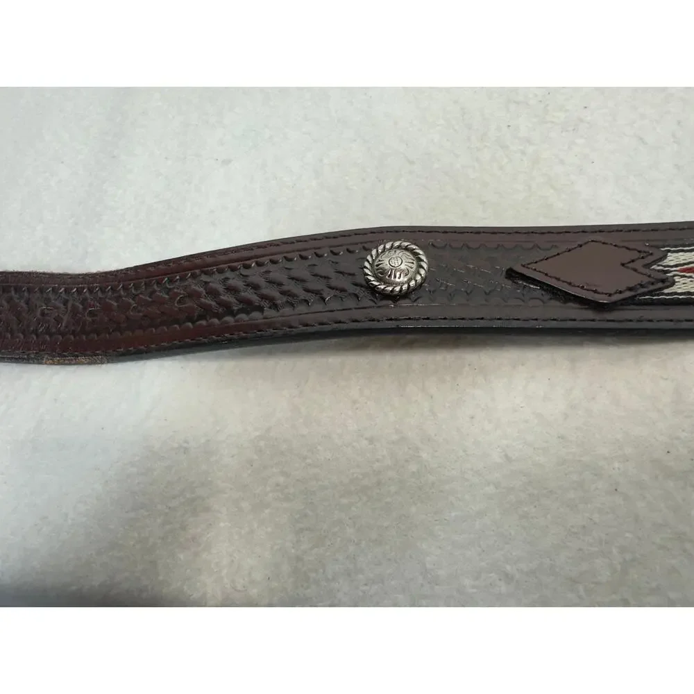 Western Brown Leather Belt Tooled Basketweave Embroidered Keeps & Conchos SZ 42
